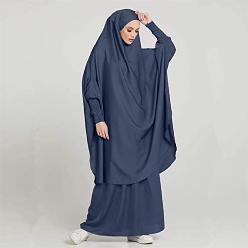 Women Muslim 2 Set Solid Color Plus Long Sleeve Thobe One-size Longuette Overall Abaya Thobe with Hoodied Hijab - color: Gray