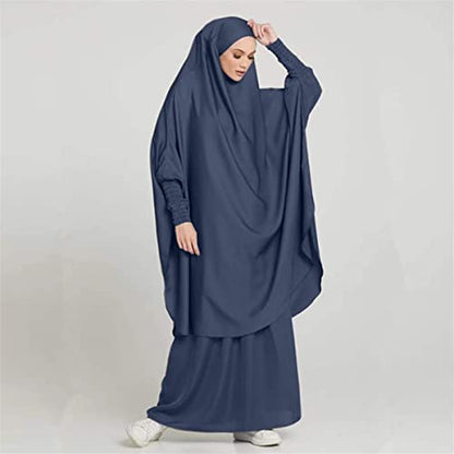 Women Muslim 2 Set Solid Color Plus Long Sleeve Thobe One-size Longuette Overall Abaya Thobe with Hoodied Hijab - color: Gray
