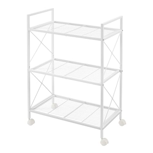 SONGMICS 3-Tier Metal Storage Rack with Wheels, Mesh Shelving Unit with X Side Frames, 23.6-Inch Width, for Entryway, Kitchen, Living Room, Bathroom, Industrial Style, White UBSC163W01 - color: White, size: 3 Tiers (23.6"W)
