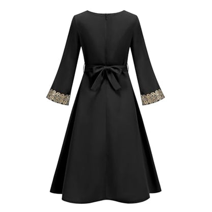 OBEEII Girls Muslim Abaya Ramadan Long Bell Sleeve V Neck Sequins Church Prayer Dress with Belt Islamic Eid Robe Kaftan - color: Black-sequins, size: 8-9 Years