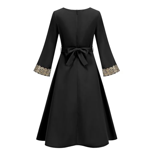 OBEEII Girls Muslim Abaya Ramadan Long Bell Sleeve V Neck Sequins Church Prayer Dress with Belt Islamic Eid Robe Kaftan - color: Black-sequins, size: 10-11 Years