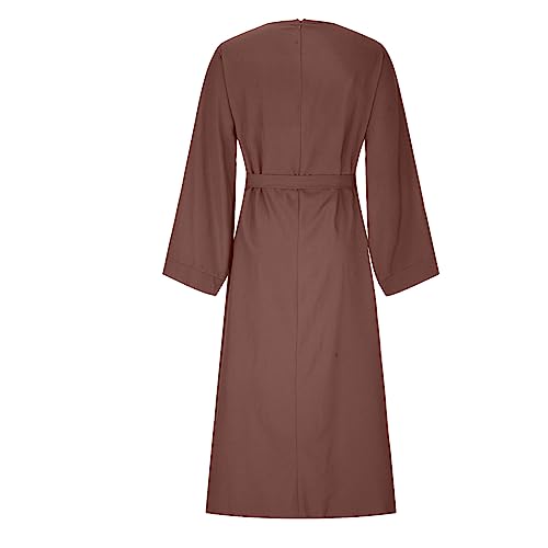 Ctreela Abaya Muslim Dresses for Women Girls Pockets Islamic Prayer Clothes with Tie Waist Ramadan Tarawih Sawm Outfits - color: Brown, size: X-Large