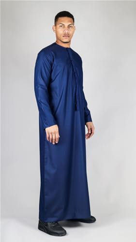 Men's Thobe Emirati Omani Jubba Islamic Clothing Muslim Kaftan Eid Robe Arab String Tassel - color: Navy Regular, size: 52