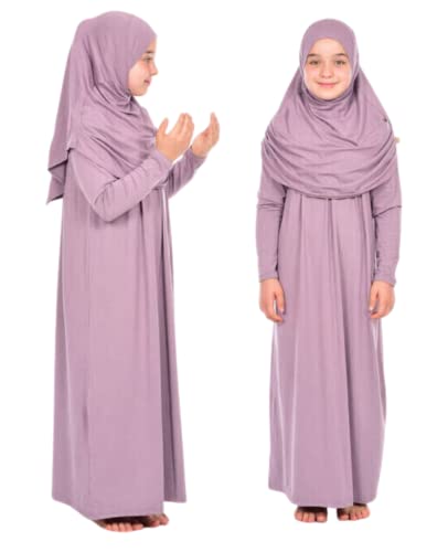 Prien Kids Prayer Dress Muslim Clothes for Girls Long Sleeve Abaya with Hijab Two Piece Maxi Islamic Set Scarf Kaftan Jilbab - color: Lilac