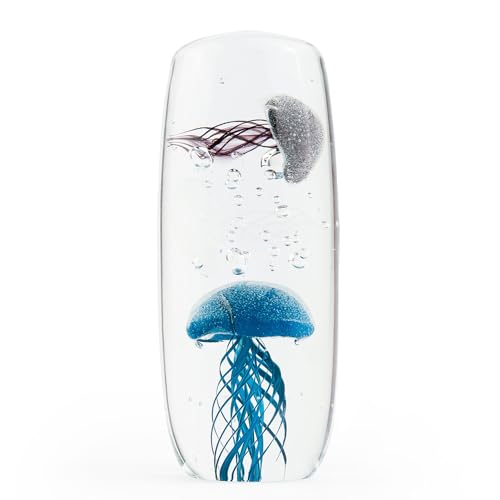 Glow in the Dark Jellyfish Paperweight, 6.8" Tall Glass Cylinder Aquarium with 3 Floating Jellies (Blue, White, Grey), Luminous Ocean Decor Night Light for Home Office