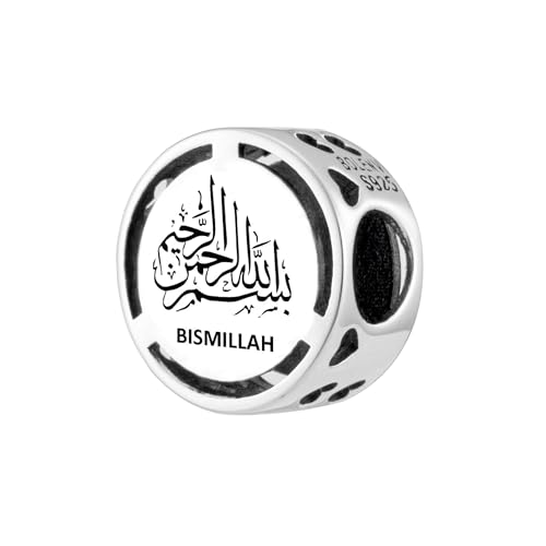 Inspirational Words Symbols 925 Sterling Silver Charm Bead For Pandora & Similar Charm Bracelets or Necklaces - color: Bismillah Allah Islam Muslim