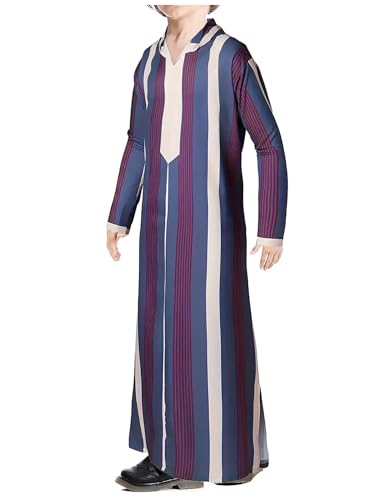WSPLYSPJY Boys Muslim Thobe Striped Islamic Robe | Boys Muslim Thobe Striped Maxi Kaftans Kids Hooded Long Sleeve Arab Gown Islamic Robe - color: Multicolor, size: 5-6 Years