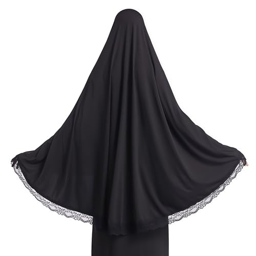 Prlemend 여성용 무슬림 히잡 두바이 실크 스카프 레이스 헤드 랩 스카프 단색 숄 | Milk Silk Fabric, Lace Edge - color: 블랙., size: 라지