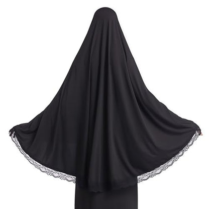 Prlemend 여성용 무슬림 히잡 두바이 실크 스카프 레이스 헤드 랩 스카프 단색 숄 | Milk Silk Fabric, Lace Edge - color: 블랙., size: 라지