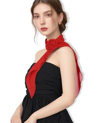 Chiffon Scarf for Women, Removable Flower Neck Scarf Light Soft Fashion Rose Scarves Versatile Headband or Hair Band - color: Red