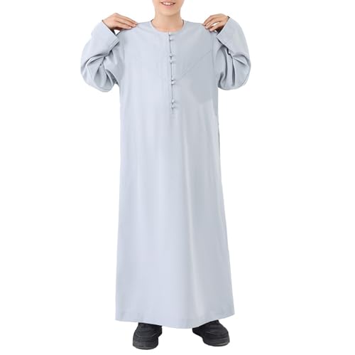 Kids Arabic Thobes for Boys Muslim Thobe Long Sleeve Kaftan Islamic Prayer Dress Kids Dubai Robe Burkas Ramadan Eid Outfit - color: Grey, size: 3-4T