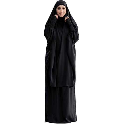 Muslim Women Abaya Two Pieces Set Prayer Dress Elasticated Sleeves Islamic Robe Modest Full Cover Prayer Clothes - color: Black