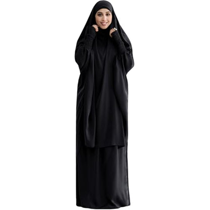 Muslim Women Abaya Two Pieces Set Prayer Dress Elasticated Sleeves Islamic Robe Modest Full Cover Prayer Clothes - color: Black
