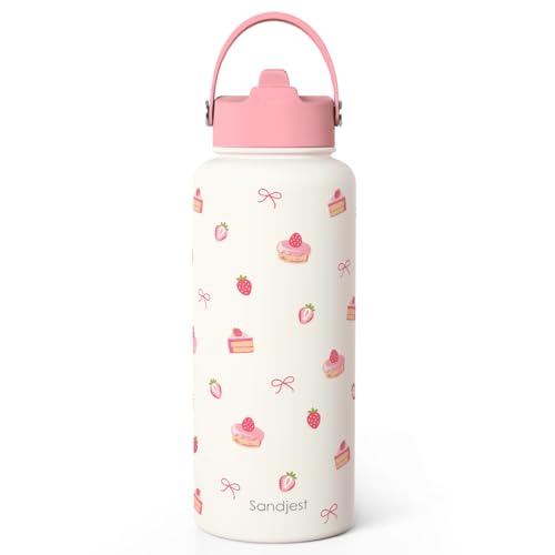 Strawberry Cakes Water Bottle Stainless Steel 32oz with Lid & Straw, Sweets Desserts Aesthetic Insulated Bottles Gifts for Baker Girls Friends Teens Birthday Christmas - color: Strawberry