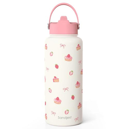 Strawberry Cakes Water Bottle Stainless Steel 32oz with Lid & Straw, Sweets Desserts Aesthetic Insulated Bottles Gifts for Baker Girls Friends Teens Birthday Christmas - color: Strawberry