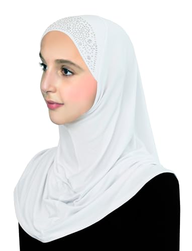 Aiyah Hijab for Girl's 1 piece Elastane-Spandex Amira Head Scarf with Rhinestones Easy Pull-on Headscarf - color: Large - White, size: Large