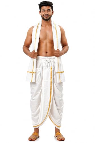 Chandrakala Readymade Pocket Dhoti and Angavastram with Golden Border for Men's (MK116-P) - size: X-Large