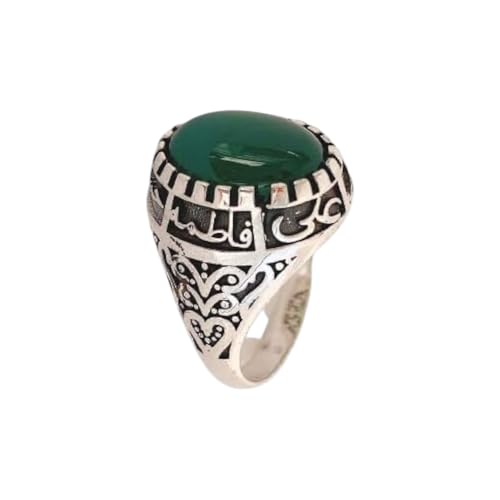 Islamic Sterling Silver Ring with Black Yemeni Aqeeq Stone, 925 Silver Religious Engraved Design, Ahlulbayt Muslim Prayer Jewelry for Men and Women,islamic ring,islamic men wowan ring - color: Green Yemeni Agate