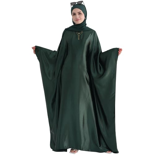 Abaya Muslim Dress Women Satin Prayer Dress Batwing Long Sleeve Middle East Arabian Robe with Hijab - color: Dark Green, size: Size 1