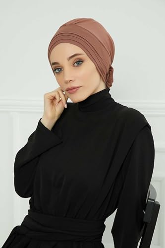 Aisha's Design Instant Turban Head Wraps for Women, Combed Cotton Scarf Lightweight Pre tied Hijab with Back Rose Detail - color: Caramel Brown