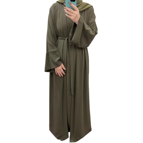 2PCS Women's Muslim Dresses Abaya Islamic Dubai Prayer Dress Robe Long Cardigan Maxi Dress - color: Army Green, size: Medium