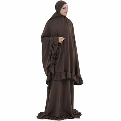 2PCS Women Muslim Prayer Abaya Dress Ruffle Trim Side Pockets with Khimar - color: Coffee, size: Medium