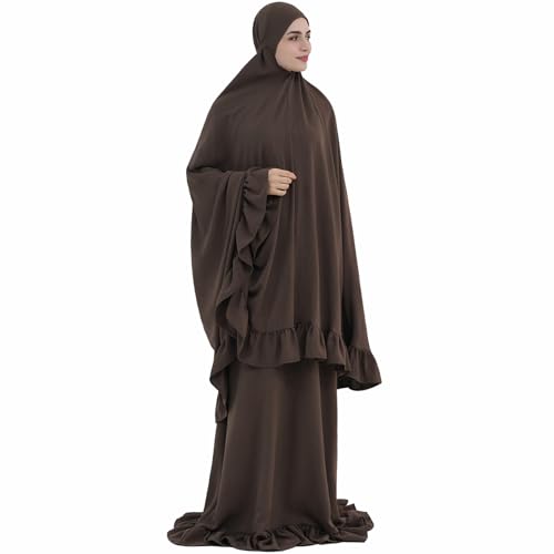 2PCS Women Muslim Prayer Abaya Dress Ruffle Trim Side Pockets with Khimar - color: Coffee, size: Large