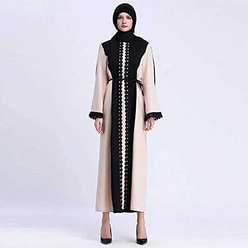 Traditional Muslim Women Abaya Dress 3D Fower Blooming Long Sleeve Maxi Length Cardigan Robe with Sashes Saudi Arab Dubai (L, 49# Khaki spliced black)