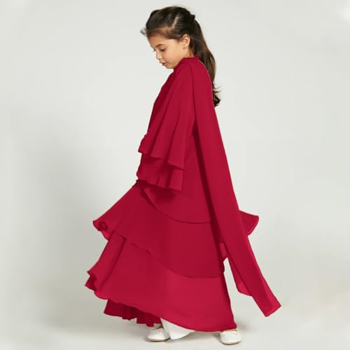 Chiffon layered Open Abaya Dubai Kaftan Muslim Cardigan Abayas Dresses For Girls Casual Robe Kimono Islam Clothing - color: Claret, size: 11-12 Years