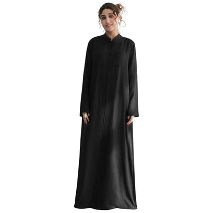 2PCS Women Muslim Abaya Dress Stand Collar Full Coverage Cardigan Dress Set - color: Black, size: Large