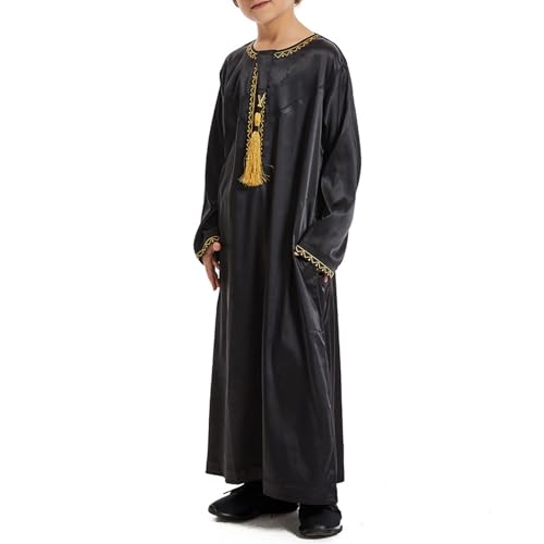 Boys Muslim Clothing Kids Prayer Outfits Long Sleeve Eid Dresses Embroidered Thobe Solid Color Crewneck Arabic Abaya - color: Black, size: 5-6X