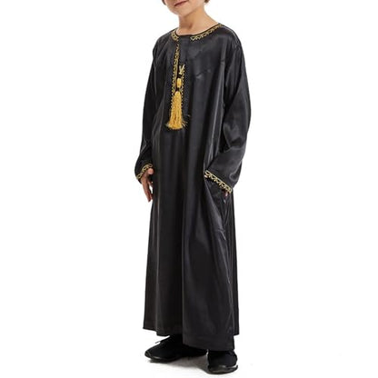 Boys Muslim Clothing Kids Prayer Outfits Long Sleeve Eid Dresses Embroidered Thobe Solid Color Crewneck Arabic Abaya - color: Black, size: 7-8 Years