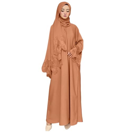 Prayer Clothes for Muslim Women Long Sleeve One-Piece Islamic Prayer Dress O Neck Slim Fit Islamic Evening Gown - color: Beige, size: XX-Large