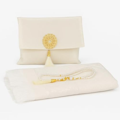 BABY SHOWER CHOCOLATE Muslim Prayer Rug and Tasbeeh Set with Portable Premium Shantung Bag – Soft Janamaz Sajadah for Men & Women – Islamic Gift for Ramadan, Eid, Hajj, Umrah – Travel Prayer Mat - color: White
