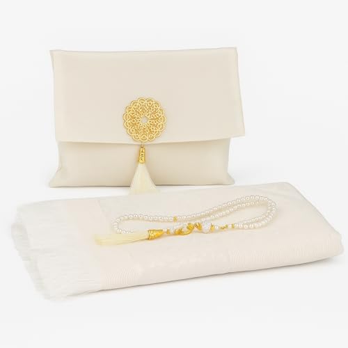 BABY SHOWER CHOCOLATE Muslim Prayer Rug and Tasbeeh Set with Portable Premium Shantung Bag – Soft Janamaz Sajadah for Men & Women – Islamic Gift for Ramadan, Eid, Hajj, Umrah – Travel Prayer Mat - color: White