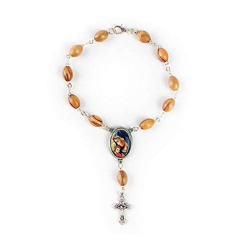 Olive Wood Car Rosary for Rearview Mirror from The Holy Land of Bethlehem - Auto Rosary with Our Lady of Perpetual Help Medal & Crucifix Cross Charm - 7" Pocket Rosary Beads for Hanging - color: Our Lady of Perpetual Help