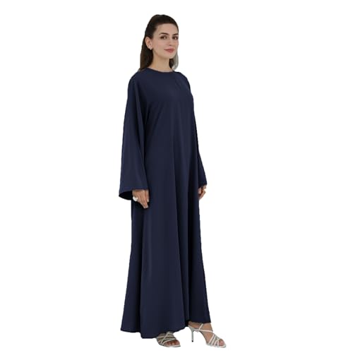 Women Abaya Dress with Belt Muslim Bell Sleeve Robe Islamic Prayer Jilbab | with Belt, A-line Skirt, Bell Sleeve - color: Dark Blue, size: Large