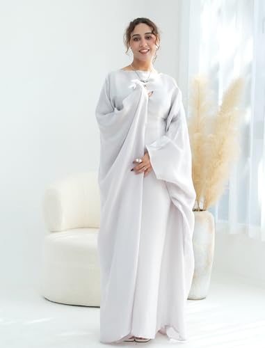 Dubai Bat Sleeve Dress Shiny Robe for Women Muslim 1pc Abaya Eid Prayer Clothes Soft Dubai Travel Party Dress Maxi Abaya - color: Silver Greya, size: Medium