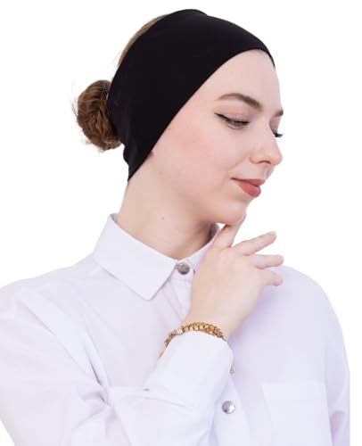 Prien Women Cotton Hijab Cap, Stretchy Head Cover, Pre-Sewn Inner Muslim Scarf Undercap, Non Slip Headband for Daily Wear - color: Black