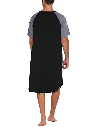 Ekouaer Sleepwear Men's Nightshirt Short Sleeve Pajamas Comfy Big & Tall Henley Sleep Shirt M-XXXL - color: Black With Light Grey, size: 3X-Large