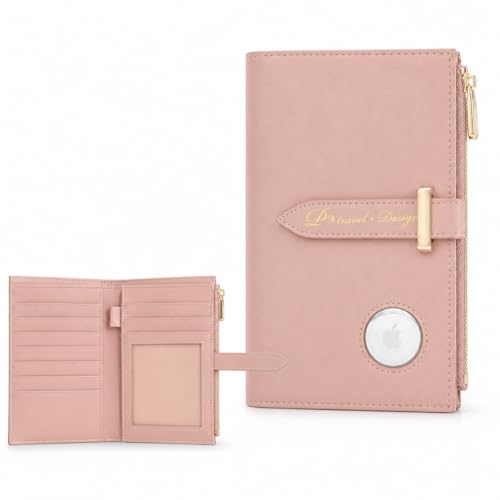 Passport Holder for Travel, Slim RFID Wallet with AirTag Holder, PU Leather - color: Pink Pro