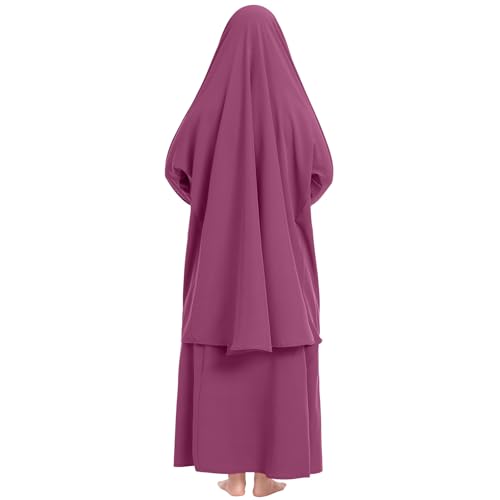 Kids Girls Muslim Islamic Two-piece Outfits Lace Long Sleeve Hijab Dress Abaya and Loose Skirt Full Cover Kaftan - color: Purple, size: 7-8 Years