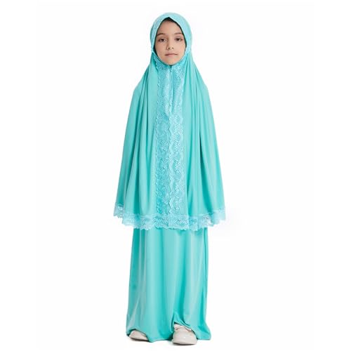 Girls Prayer Dress Muslim Abaya with Hijab 2pcs for Teen Girl Long Sleeve Islamic Maxi Set Arabic Ramadan Jilbab Eid Clothing - color: A-green, size: 3-4T