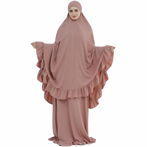 2PCS Women Muslim Prayer Abaya Dress Ruffle Trim Side Pockets with Khimar - color: Pink, size: Large