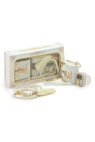 ihvan online Mini Velvet Quran Set with Islamic Finger Counter, Portable Digital Tasbeeh, Muslim Prayer Beads, Pearl Zikirmatic Beads, 3 Pieces Gift Set for Mevlüt (Cream Box) - color: Cream Box