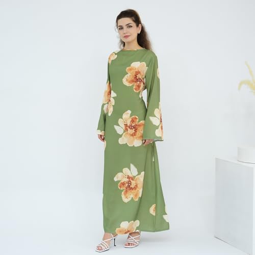 FYMNSI Womens Muslim Dresses Bell Sleeve Floral Butterfly Abaya Modest Dubai Kaftan Islamic Dress Eid Ramadan Prayer Clothes - color: Green, size: X-Large