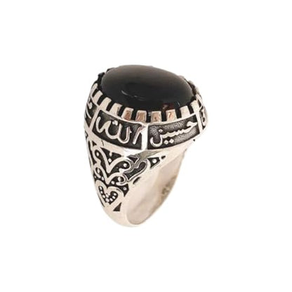 Islamic Sterling Silver Ring with Black Yemeni Aqeeq Stone, 925 Silver Religious Engraved Design, Ahlulbayt Muslim Prayer Jewelry for Men and Women,islamic ring,islamic men wowan ring - color: Black Onyx
