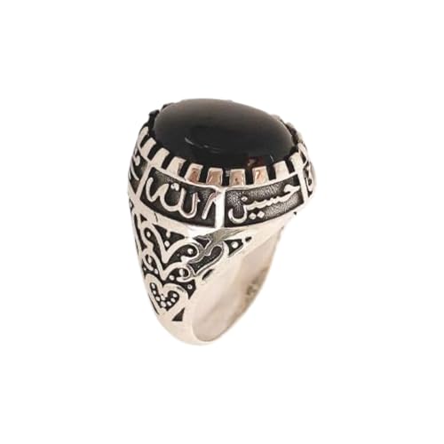 Islamic Sterling Silver Ring with Black Yemeni Aqeeq Stone, 925 Silver Religious Engraved Design, Ahlulbayt Muslim Prayer Jewelry for Men and Women,islamic ring,islamic men wowan ring - color: Black Onyx