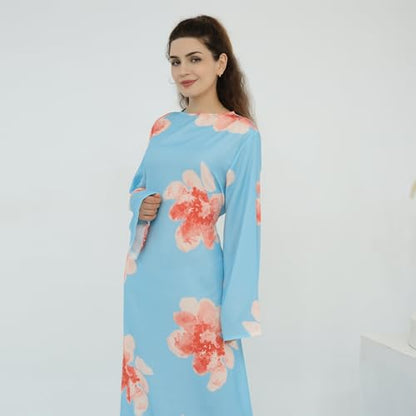 FYMNSI Womens Muslim Dresses Bell Sleeve Floral Butterfly Abaya Modest Dubai Kaftan Islamic Dress Eid Ramadan Prayer Clothes - color: Light Blue, size: Medium