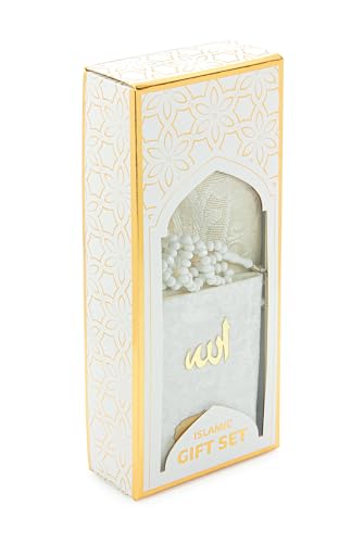 ihvan online Taffeta Fabric Muslim Prayer Rug, Velvet Covered Yaseen Surah Pocket Size Book, Prayer Beads Set with Kraft Boxed, Dowry Box for Men & Women, Islamic Ramadan Eid & Wedding Gifts, White - color: White